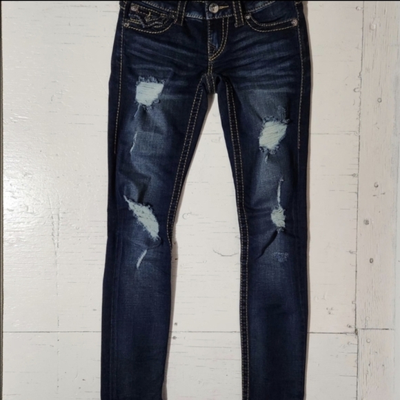 Y2K True Religion Skinny Jeans Low Rise Dark Wash Rips Distressed Pocket Flaps - Picture 3 of 11